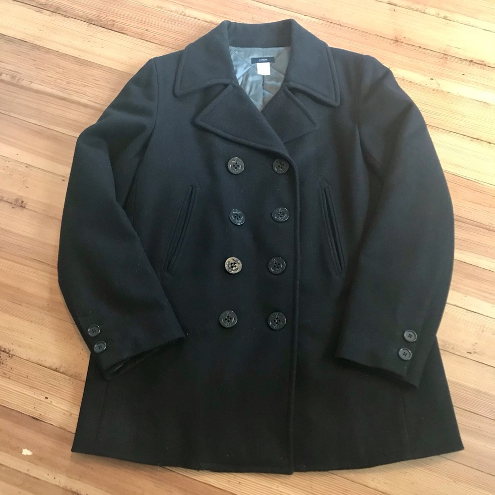 J. Crew Black Pea Coat - Wool / Nylon Blend - L